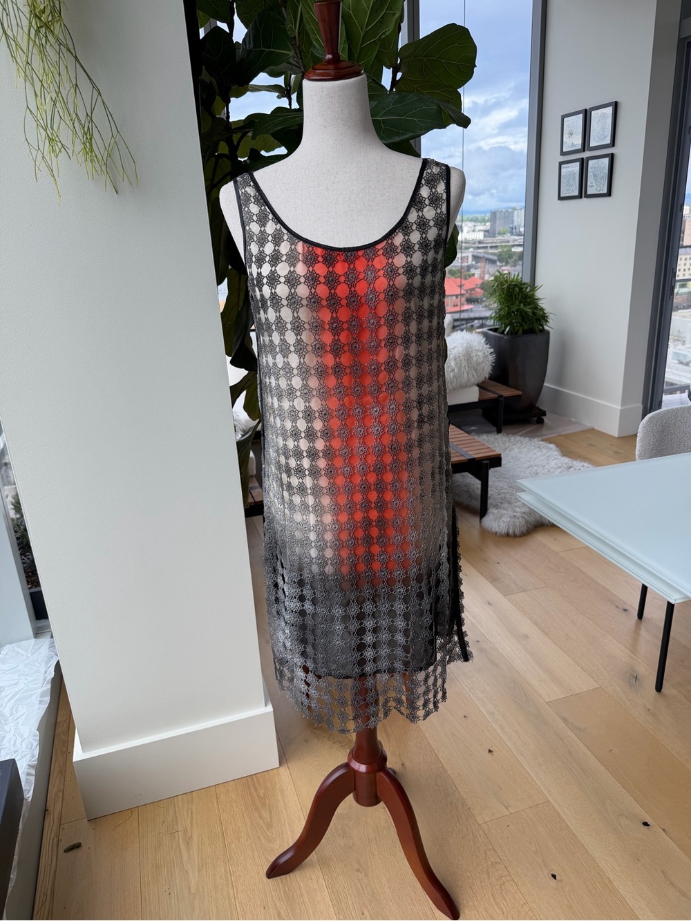 Rozae Nichols Black Lace over Silk Sheath Midi Dress.